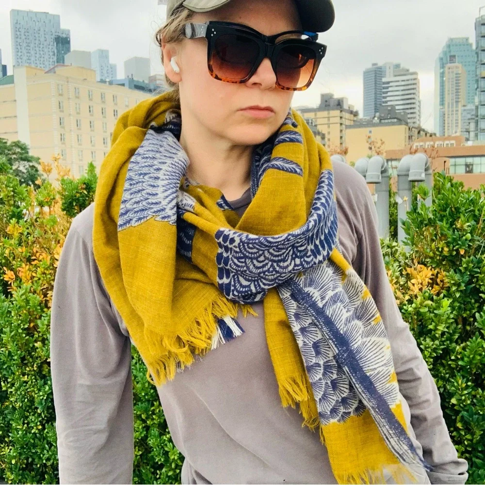 Inouïtoosh Wool Mustard Owl Cat Fringed Blanket Scarf